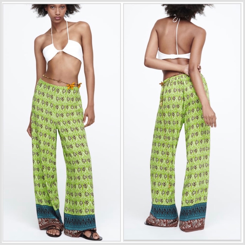 Zara Full Length Printed Wide Leg Pants Green size S